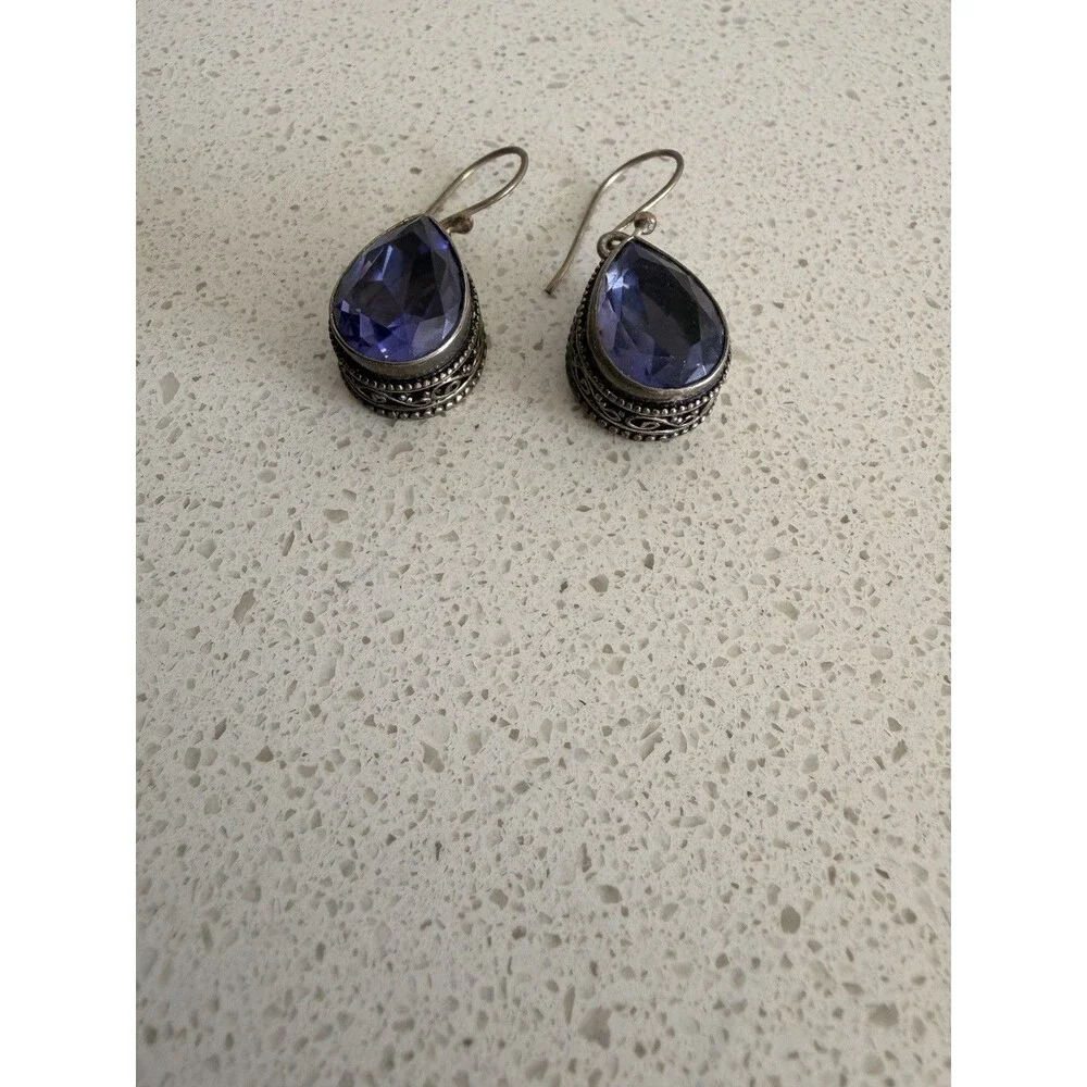 925 Sterling Silver Purple amethyst Dangle Earrings Ornate Filigree native boho